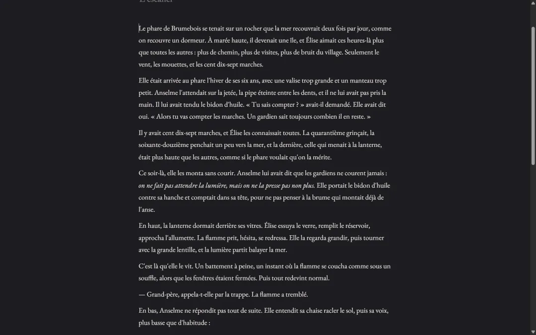 Le mode concentration : seul le texte reste à l’écran, sur fond sombre.
