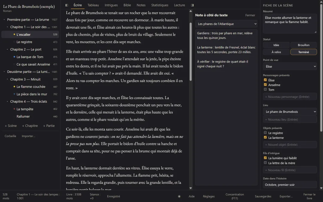 Une note de documentation affichée à côté du texte de la scène.
