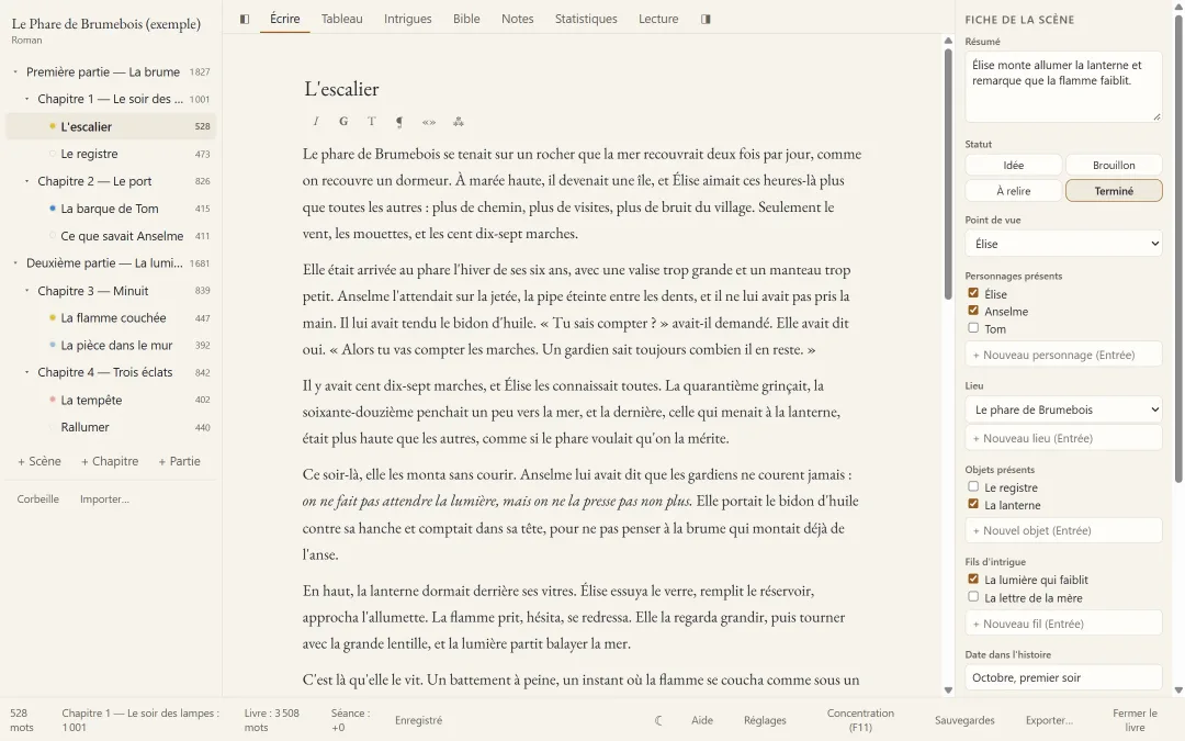 Pluméo ouvert sur un roman : l’arbre des chapitres à gauche, le texte au centre, la fiche de la scène à droite.