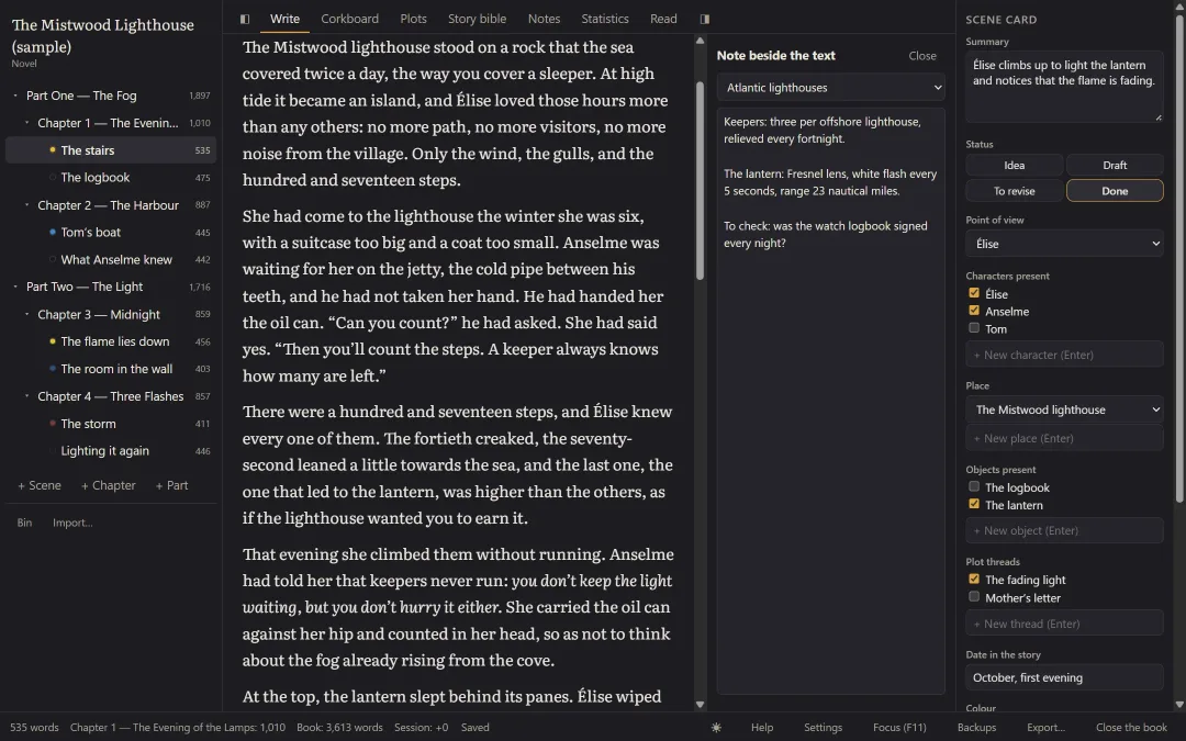 A research note shown beside the scene’s text.