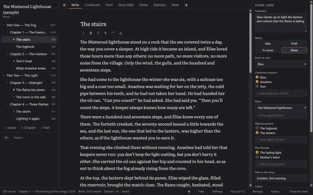 Pluméo in the dark theme: the binder, the scene’s text and its card.