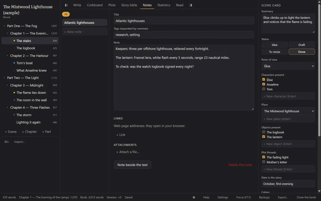 The Notes tab with a tagged research note.