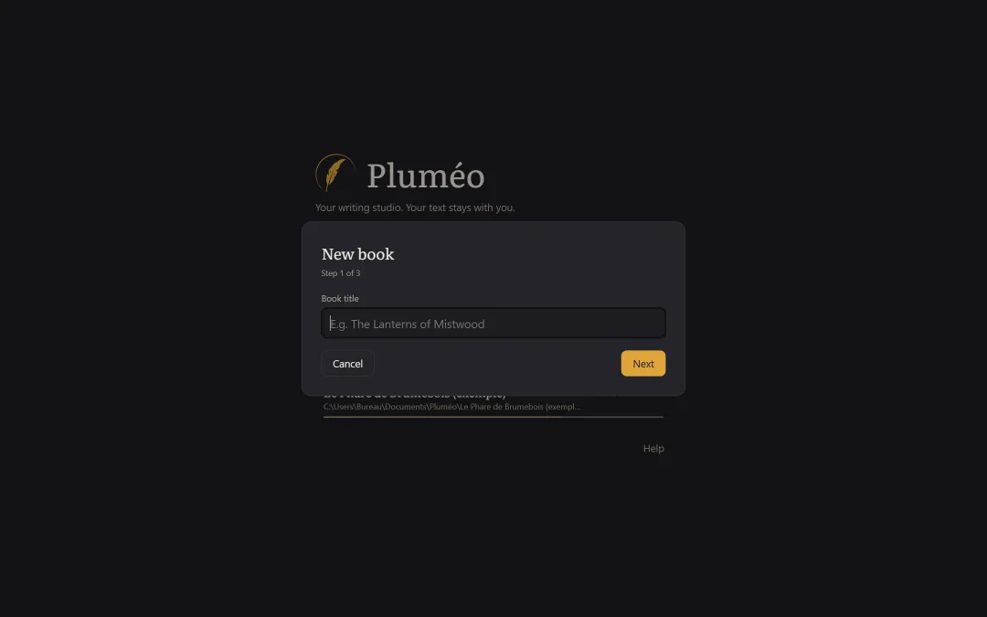 Pluméo’s “New book” assistant: choosing the title and the genre.