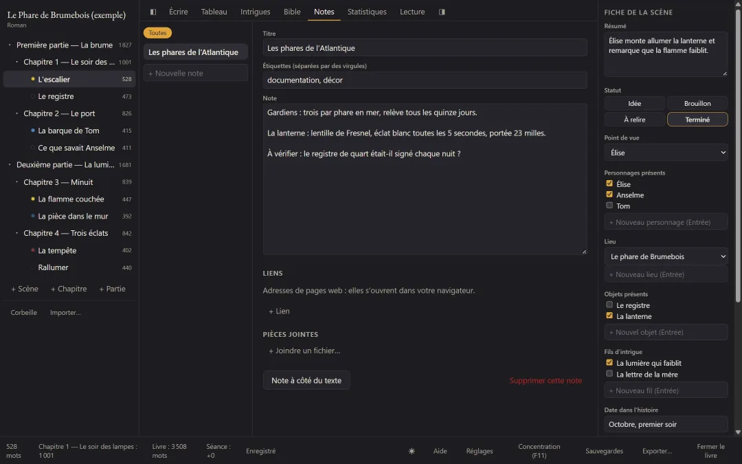 L’onglet Notes avec une note de documentation étiquetée.