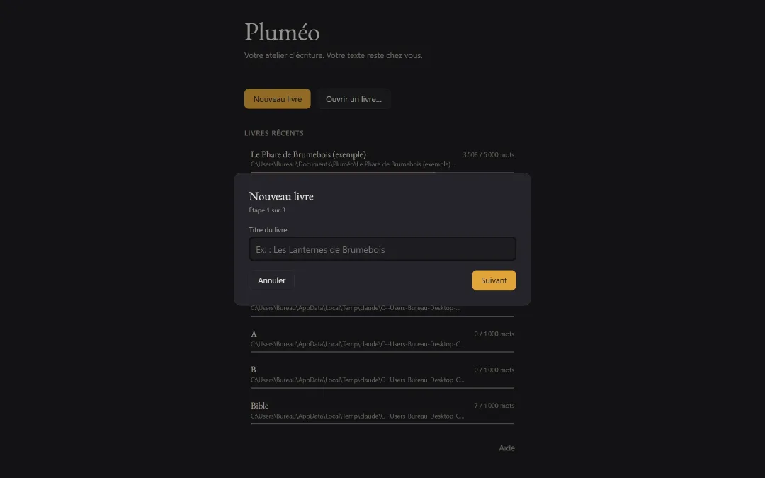L’assistant « Nouveau livre » de Pluméo : choix du titre et du genre.